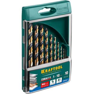 KRAFTOOL COBALT 10шт(1-10мм), Набор сверл по металлу HSS-Co(8%), сталь М42(S2-10-1-8) 29656-H10