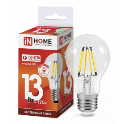 Лампа светодиодная LED-A60-deco 13Вт 230В Е27 6500К 1170Лм прозрачная IN HOME 4690612035628