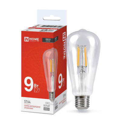 Лампа светодиодная IN HOME LED-ST64-deco 9Вт 230В Е27 4000К 1140Лм прозрачная 4690612050829