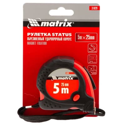Рулетка Status Magnet fixation, 5 м х 25 мм, обрезиненный корпус, зацеп с магнитом Matrix 31029