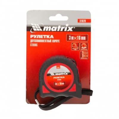 Рулетка Strong, 3 м х 16 мм, обрезиненный корпус Matrix 31078
