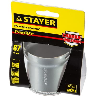 Кольцевая коронка STAYER Ø 67 мм, L - 55 мм, карбид-вольфрамовая крошка 33345-67