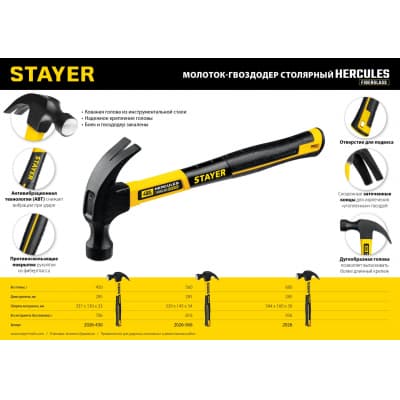 Молоток-гвоздодёр столярный с фиберглассовой рукояткой STAYER Hercules 450 г 2026-450_z02