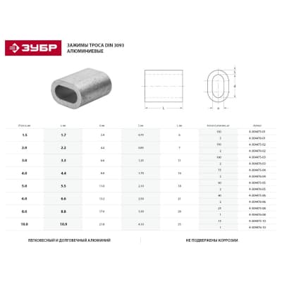 Зажим троса DIN 3093 ЗУБР 8 мм, 25 шт., алюминиевый 4-304475-08
