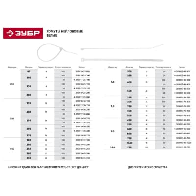 Хомуты нейлоновые ЗУБР 200х2.5 мм, 50 шт., белые 4-309017-25-200 Профессионал