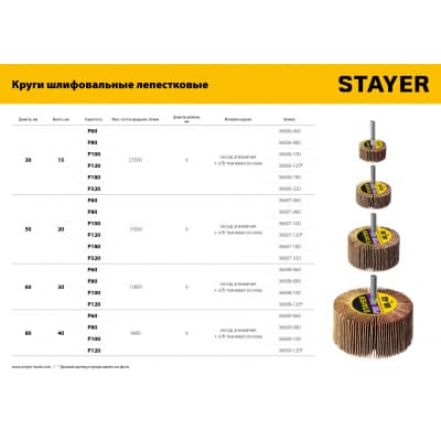 Круг шлифовальный STAYER лепестковый, на шпильке, P80, 60х30 мм 36608-080
