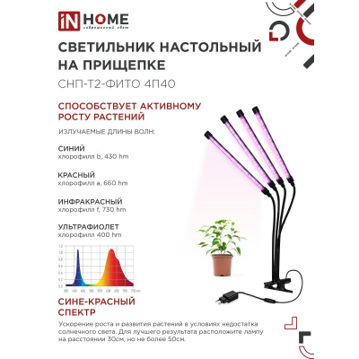 Светильник настольный на прищепке светодиодный IN HOME СНП-Т2-ФИТО 4П40 красно-синий 40Вт 4 плафона, пульт на шнуре 4690612053554