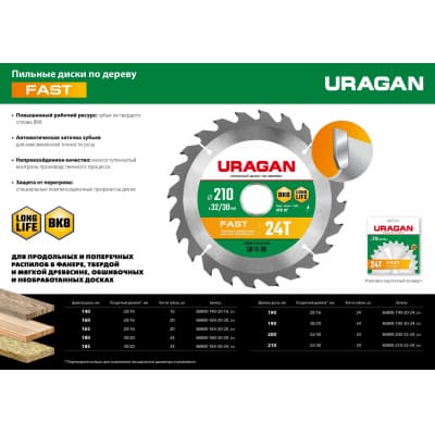 URAGAN Fast 185x30/20мм 24Т, диск пильный по дереву 36800-185-30-24_z01