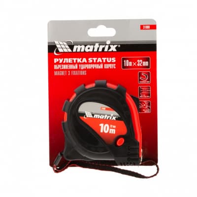 Рулетка Status Magnet 3 fixations, 10 м х 32 мм, обрезиненный корпус, зацеп с магнитом Matrix 31000