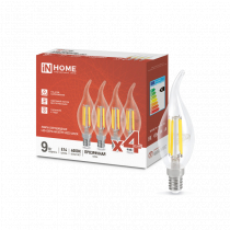 Лампа светодиодная IN HOME LED-СВЕЧА НА ВЕТРУ-deco 4PACK 9Вт 230В Е14 4000К 1040Лм (4шт./упак) прозрачная 4690612053455