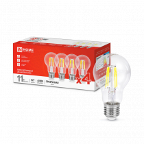 Лампа светодиодная IN HOME LED-A60-deco 4PACK 11Вт 230В Е27 4000К 1160Лм (4шт./упак) прозрачная 4690612053417