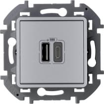 Зарядное устройство Legrand Inspiria для скрытого монтажа , тип А-тип С, цвет "Алюминий". Напряжение ~240В/=5В, максимальный зарядный ток 3000 мА 673762