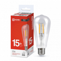 Лампа светодиодная IN HOME LED-ST64-deco 15Вт 230В Е27 4000К 1720Лм прозрачная 4690612050850