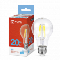 Лампа светодиодная IN HOME LED-A60-deco 20Вт 230В Е27 6500К 1890Лм прозрачная 4690612055930