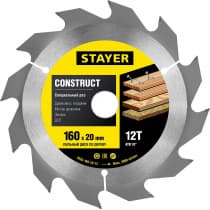 Диск пильный STAYER для древесины с гвоздями O 160 x 20 мм, 12Т, "Construct line" 3683-160-20-12