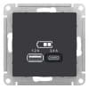 Розетка A+С, 5В/2,4А, 2х5В/1,2 А, механизм SE AtlasDesign Карбон USB ATN001039